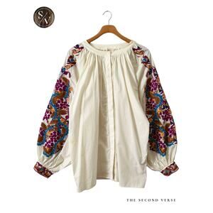 H&M Ivory Cream Embroidered Long Sleeve Women's Top Size 12